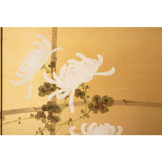 1970s "Tit and Chrysanthemums", Showa Era Japanese Painted Silk Bybu Screen For Sale - Image 5 of 18