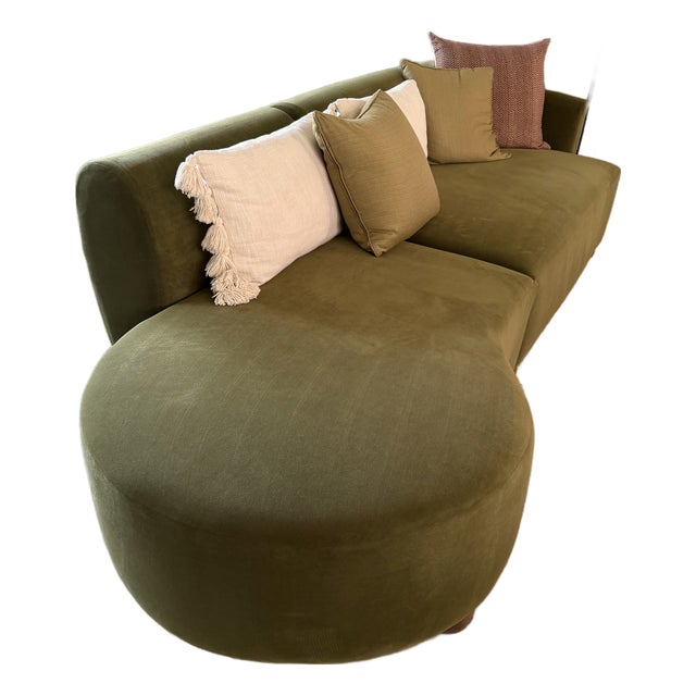 Stunning Olive Green Velvet Curved Sectional Sofa For Sale