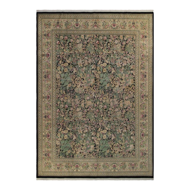 1990s Shabby Chic Botanical Inkalab Pak-Persian Black/ Tan Wool Rug - 10' X 14'3" For Sale