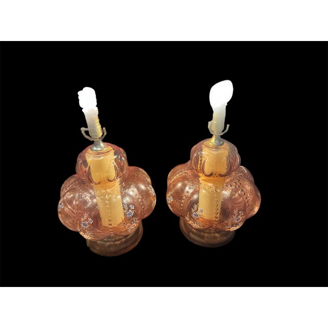 Glass 1950s Pair of Mid-Century Modern Murano Style Pink Bullicante Glass Lamps For Sale - Image 7 of 9