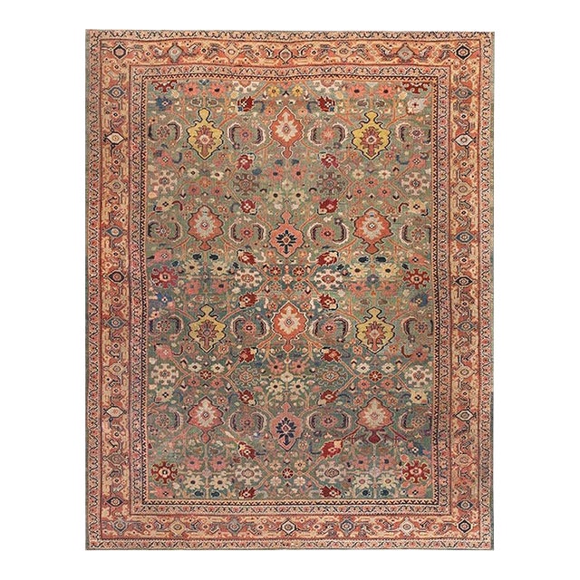 Beautiful Green-Celadon Ground Color With Geometric Pattern Antique Persian Sultanabad Rug For Sale