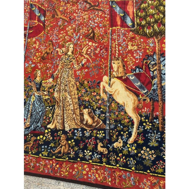 Discover the timeless elegance of this mid vintage French needlepoint Aubusson style tapestry featuring a captivating...