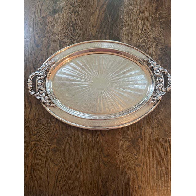 Antique French Silver Plate Repousse Handle Engine Turn Serving Tray For Sale - Image 10 of 12