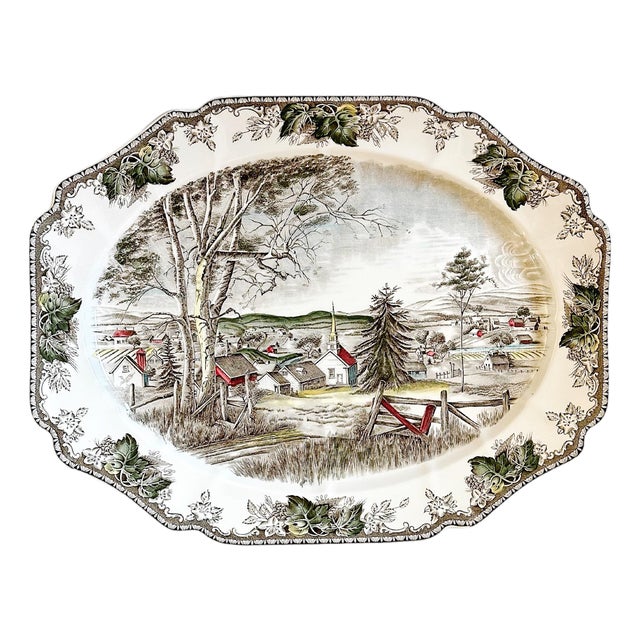 1990s Large English Transferware Ironstone Thanksgiving Platter, Friendly Village by Johnson Brothers For Sale