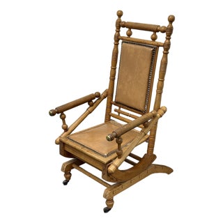 Antique Victorian Wood + Leather Rocking Chair For Sale