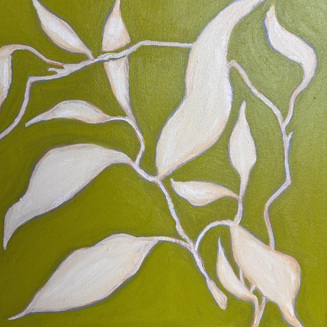 Contemporary Original Framed Botanical Leaf Painting, Chartreuse Green Cream Wall Art, Oil on Canvas in Gold Frame, 14x14 Minimalist Boho Home Decor For Sale - Image 3 of 5