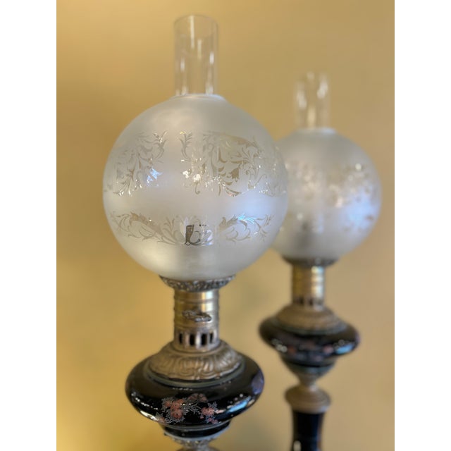 Electrified Oil Lamps with Japanese-Style Decoration, 1930s, Set of 2 For Sale - Image 4 of 9