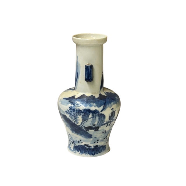 Oriental Small Blue White Scenery Graphic Porcelain Art Vase For Sale - Image 4 of 15