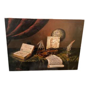 Vintage Mozart Still Life Painting Signed “Duval” – Studio Art Classical Gentleman’s Library Style