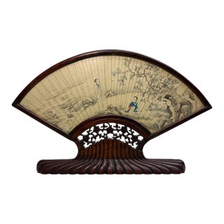 Antique Early 1800's Chinese Qing Dynasty Hand Painted Hand Fan Carved Wood Base For Sale
