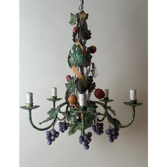 Hollywood Regency Italian Hand-Painted Fruit and Vine Chandelier with Pomegranates, 1970s For Sale - Image 3 of 16