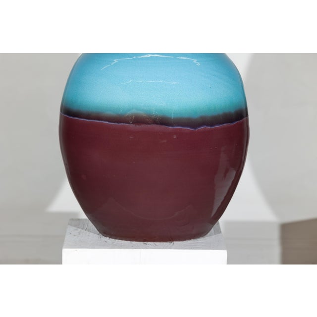 Late 20th Century Large Artisan Ceramic Vase with Turquoise Crackle Glaze and Deep Brown Ground For Sale - Image 5 of 18