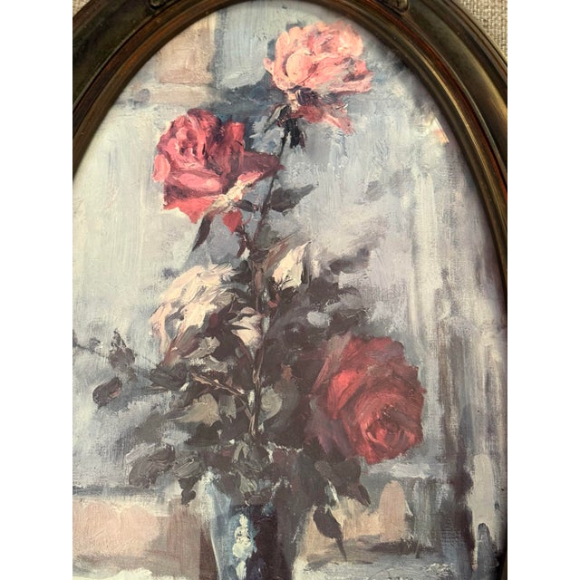 Blush Antique Oval Gesso Frame With Floral Print (C. 1890-1915) For Sale - Image 8 of 12