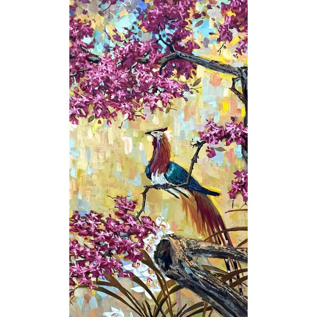 Textile Signed Chinoiserie Painting of Florals and Birds on Canvas For Sale - Image 7 of 12