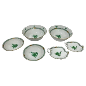 Chinese Bouquet Apponyi Green Porcelain Bowls and Dish Set with Leaf Decoration from Herend, Hungary, 1960s, Set of 6