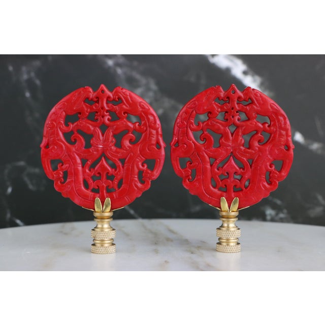 Chinoiserie Red Dragon Lamp Finials on Brass Hardware - A Matching Pair For Sale - Image 3 of 7