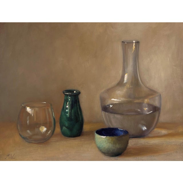 Vessels by Michael DeVore | Oil on Board Still life of glass and ceramic containers. For Sale