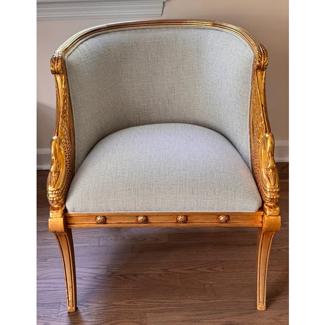 Sky Blue Pair of Mid 20th Century French Empire Style Barrel-Back Carved and Gilt Chairs For Sale - Image 8 of 10