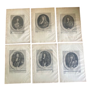 Set of Six 17th Century Black and White Engravings of Notable French Men by Charles Perrault. For Sale