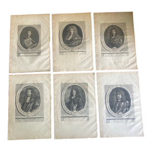 Set of Six 17th Century Black and White Engravings of Notable French Men by Charles Perrault.