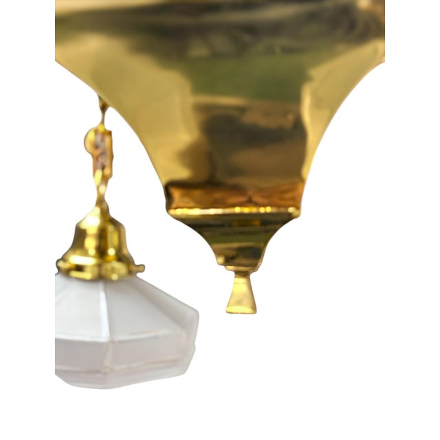 Arts & Crafts Semi Flush Arts and Crafts Light Fixture in Polished and Lacquered Brass With Four Vintage Frosted Octagonal Clear Glass Shades #2663 For Sale - Image 3 of 5