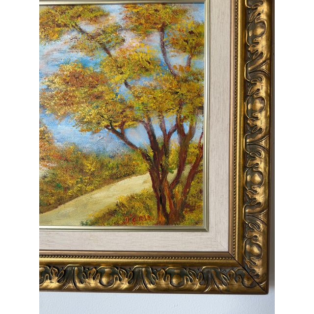 Yellow 1970s Vintage Impressionist Autumn Landscape Oil on Masonite Board – Framed For Sale - Image 8 of 14