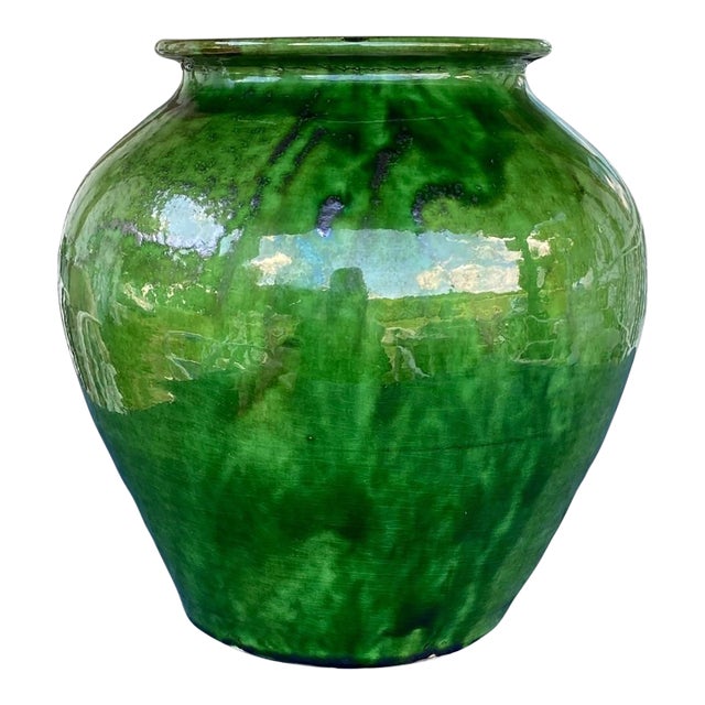 Antique French Provincial Pottery. Terra Cotta Pot With Green Drip Glaze For Sale