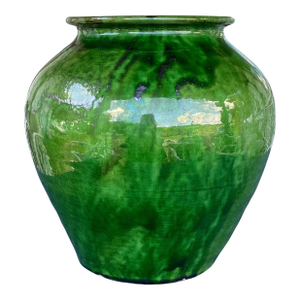 Antique French Provincial Pottery. Terra Cotta Pot With Green Drip Glaze