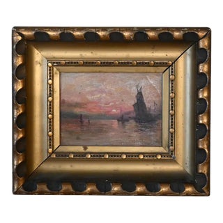 Ships at Sunset Oil Painting on Board For Sale