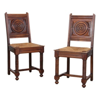 French Straw-Seated Chairs in Wood, 1940, Set of 2 For Sale