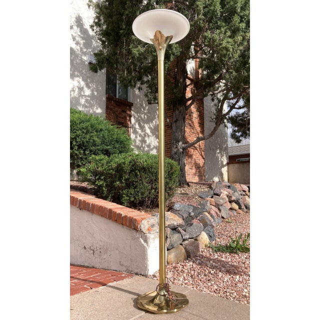 Art Deco style solid brass tulip torchiere floor lamp, with milk glass diffuser, and and lotus base, featuring brass ball...