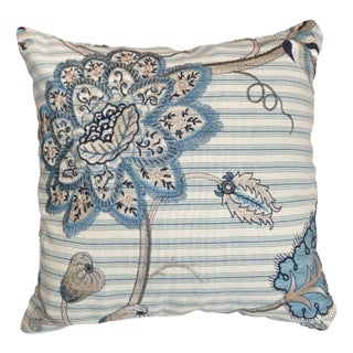 Blue Botanical Embroidered Pillow For Sale