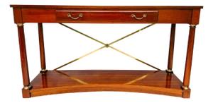 1990 Ethan Allen Medallion Collection Cherry Console Table With Brass X-Stretcher