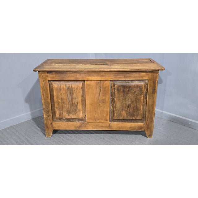 A good French oak rustic four panel coffer, original fabric lining, in good overall condition. 30.5" high 50" length 23"...