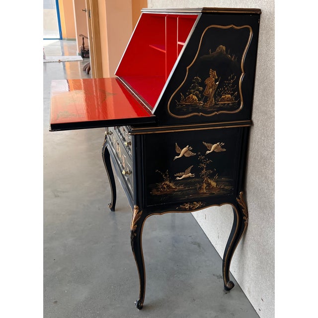 Chippendale Style Slant Top Desk in Black Lacquered Wood, Circa 1900 For Sale - Image 6 of 13