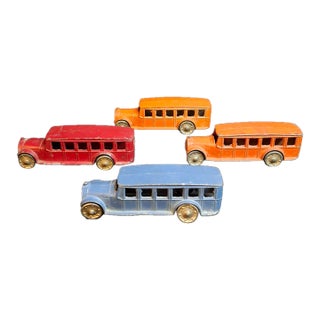 Vintage Pre-War Tootsietoy No. 4651 Fageol Safety Coach Bus Group (4) - Orange Blue Red 1927-1933 For Sale