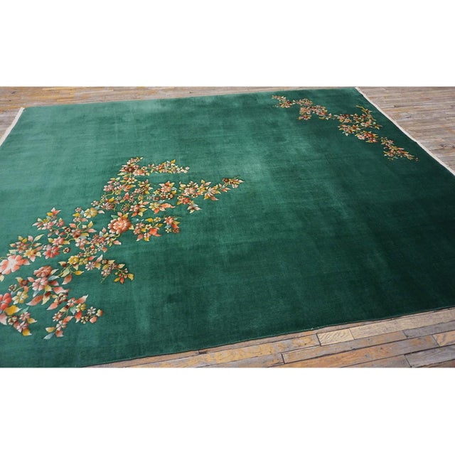 Antique Green Field Chinese Room Size Knotted Wool 1930s Rectangle Art Deco Rug For Sale - Image 10 of 10