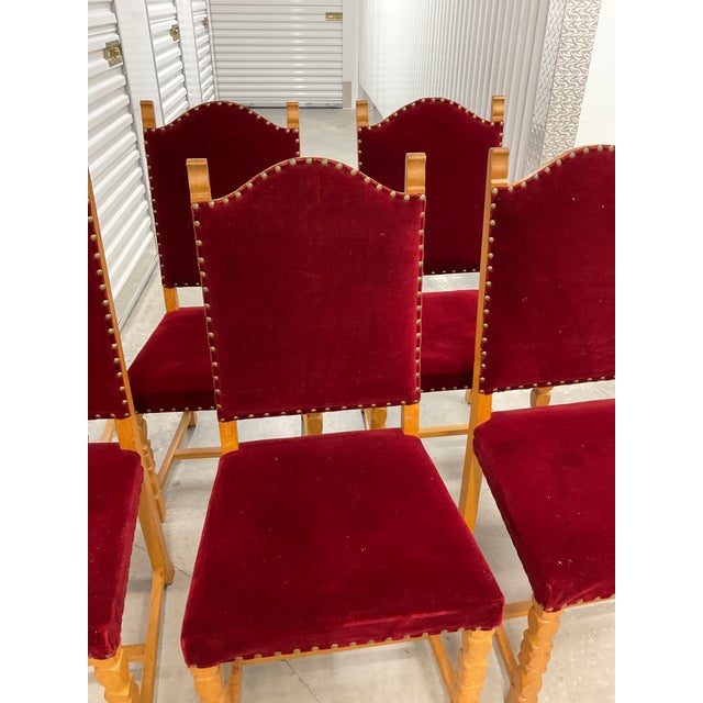 Red Set of 6 1970s Danish Oak Dining Chairs - Style of Henning Kjærnulf - Original Red Mohair For Sale - Image 8 of 18