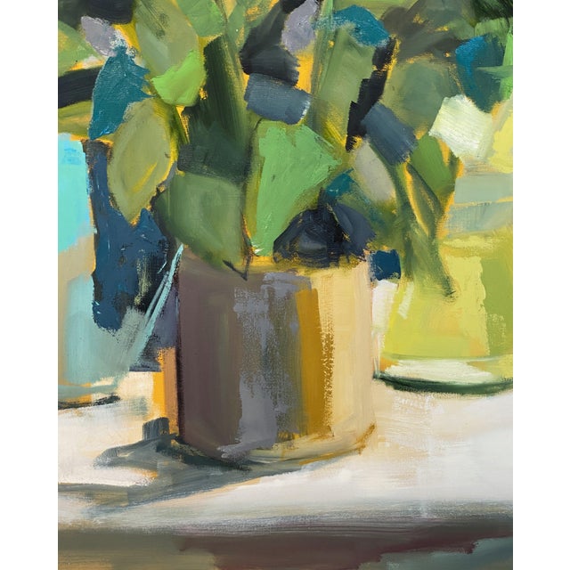 Contemporary British Framed Oil Painting on Canvas (White Roses in Mustard Pot) For Sale - Image 11 of 12