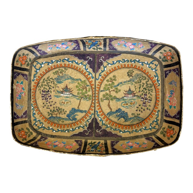 Large Antique Papier-Mâché Decorative Platter With Hand Painted and Applied Decorations For Sale