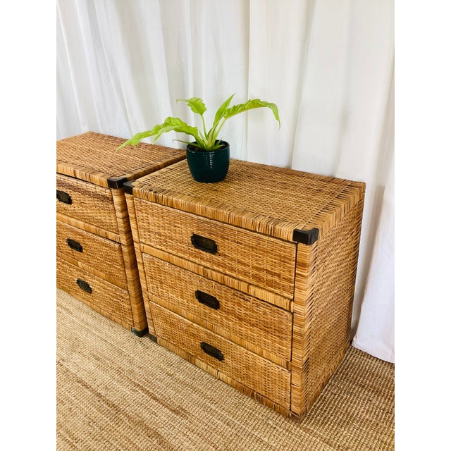 Vintage Pair of Woven Rattan Chest on Chest Dressers Boho Chic Campaign Style For Sale - Image 12 of 15