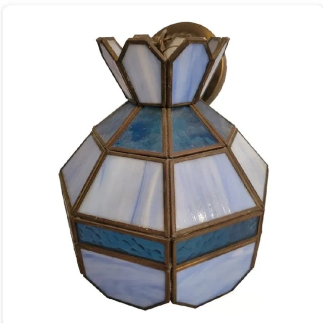 Tiffany and Co. Vintage Pale Dark Blue Tiffany Style Stained Glass Small Ceiling Chandelier Light Fixtures- a Pair For Sale - Image 4 of 7