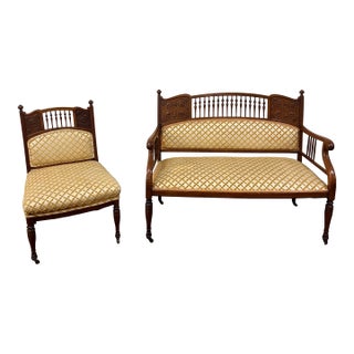 Late 19th Century East Lake Victorian Spindle Back Settee and Chair For Sale