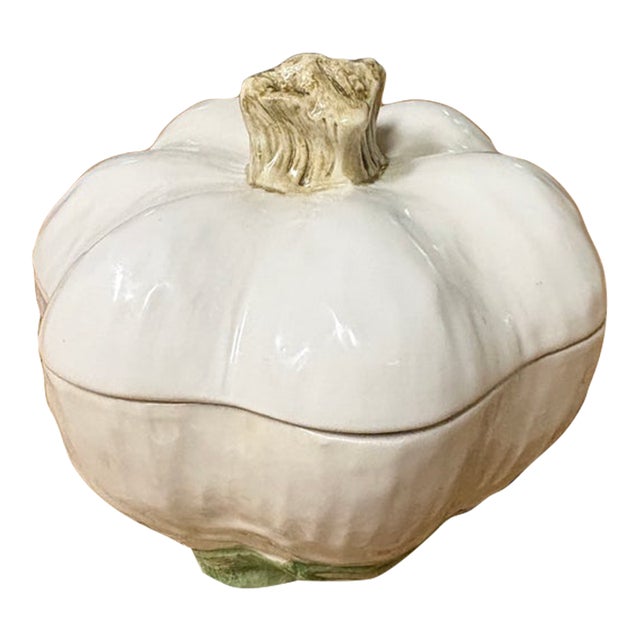 Vintage Vietri Handmade Italian White Pumpkin Covered Bowl With Lid For Sale
