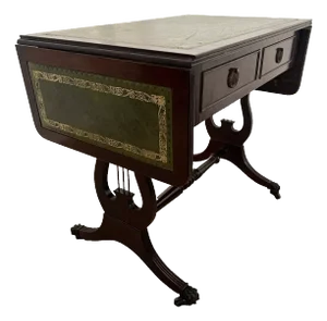 1910s Coffee Table Lyre Violin Double Harp Pedestal Base Two Drawers Carved Mahogany