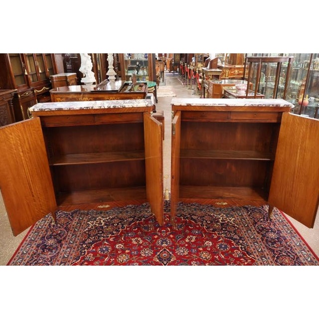 Wood 1920's Walnut French Louis XV Style Marble Top Bookcase China Bar Cabinets, 2 Pieces For Sale - Image 7 of 16