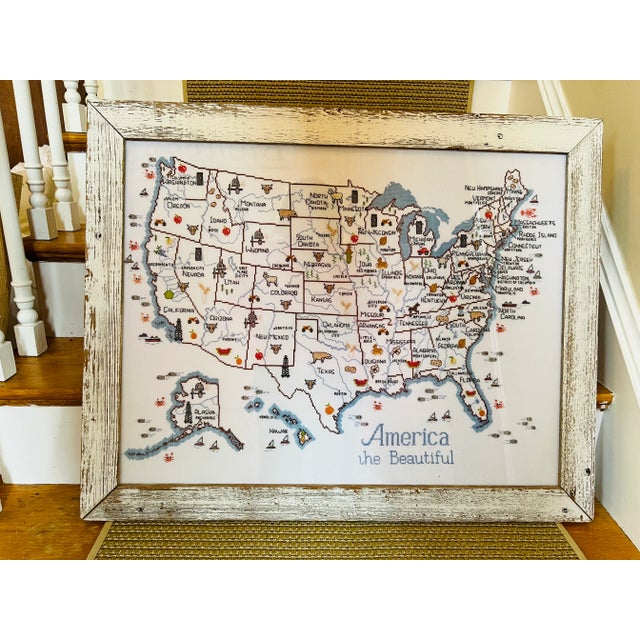 1990s Large Framed Cross Stich of Usa America Sue Hillis Designs in Custom Barnwood Frame For Sale - Image 13 of 13