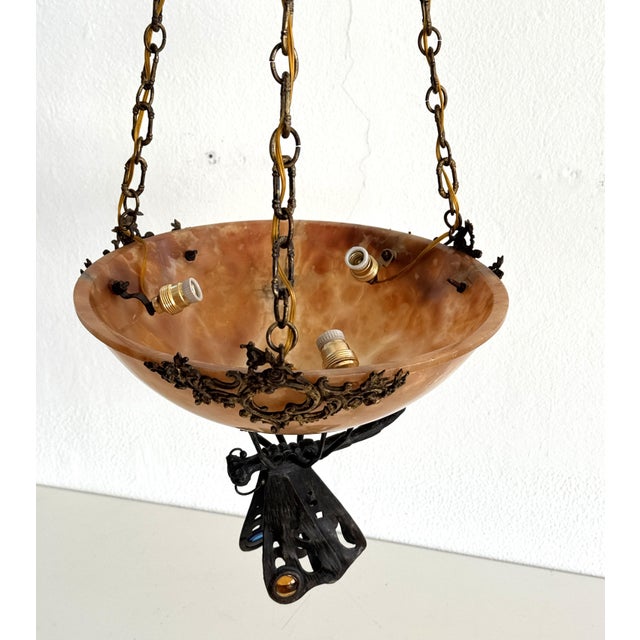 Italian Art Deco Alabaster Hanging Light with Wrough Iron Dagonfly and Chain, 1920s For Sale - Image 17 of 18