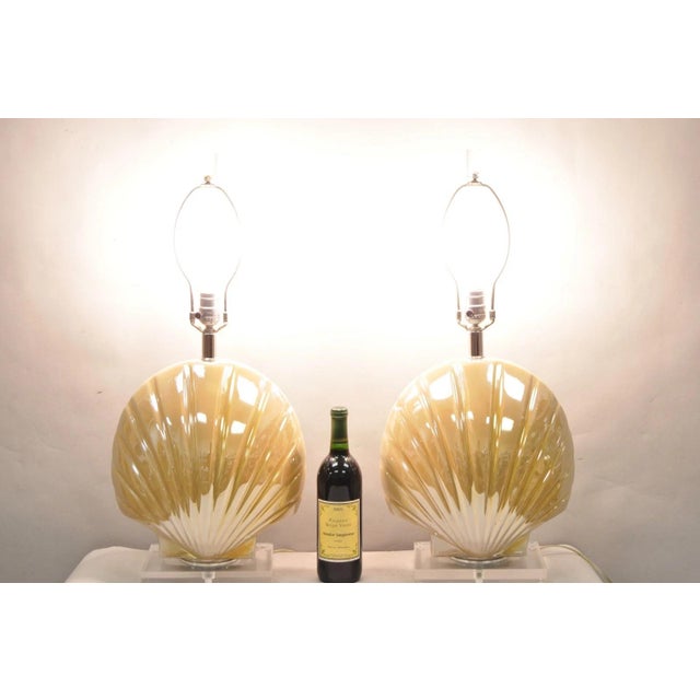 Vintage Mid Century Modern Iridescent Gold Ceramic Pottery Clam Shell Table Lamps on Clear Lucite Bases - a Pair. Circa...