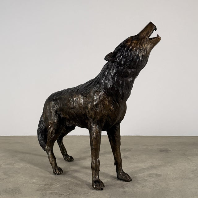 Life-Size Bronze Howling Wolf Sculpture, 35” H For Sale - Image 9 of 12